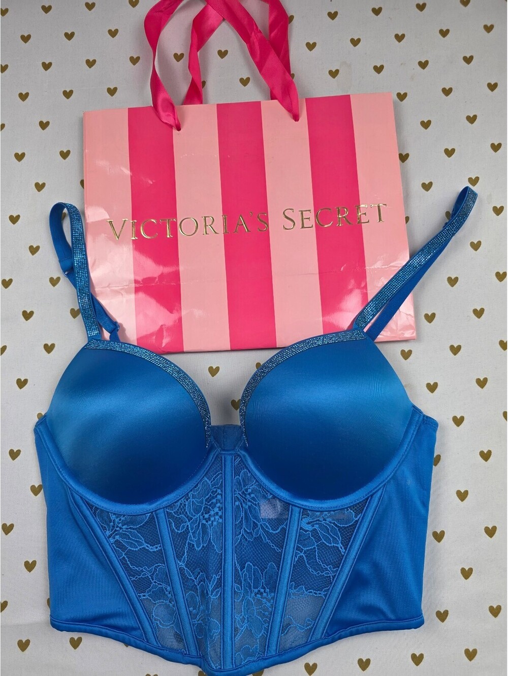 Victoria's Secret Bombshell Push Up Corset Bustier 34B Blue Rhinestone BLING